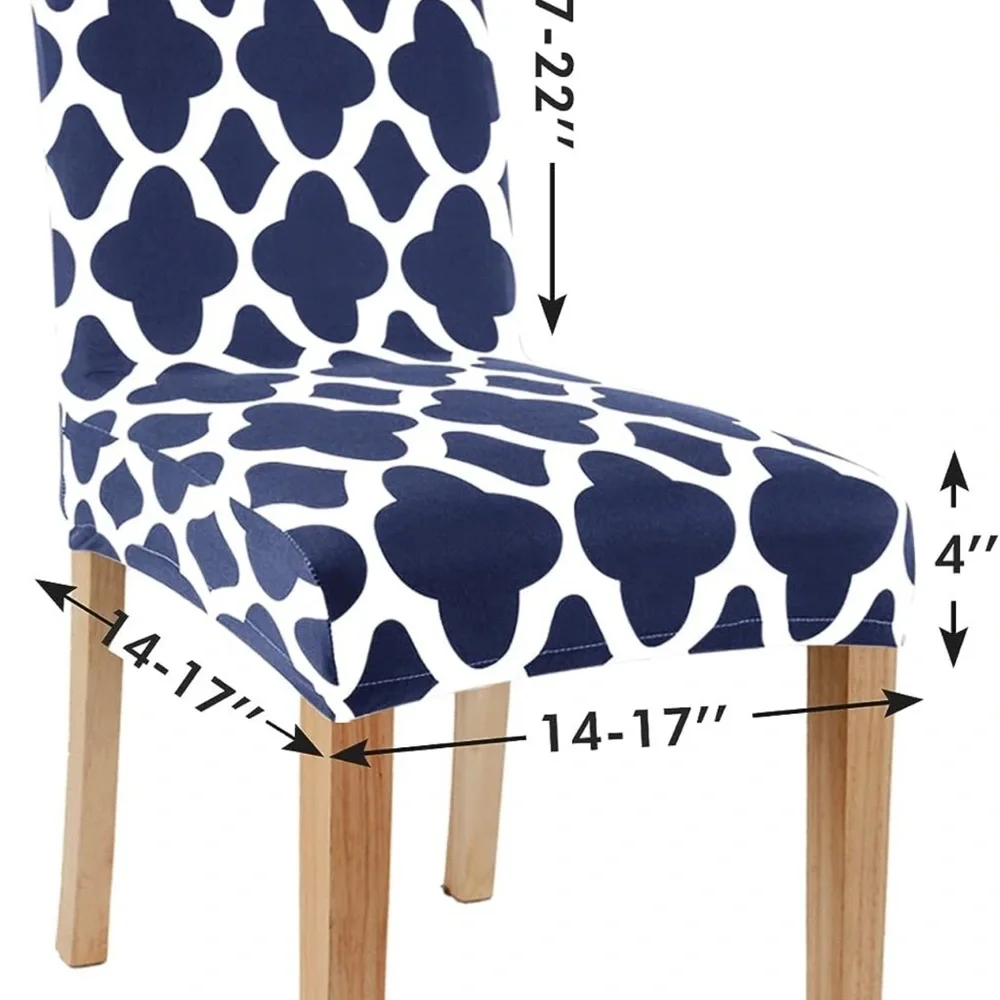 6 chair covers, white and blue with designs.